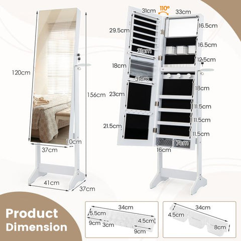 Edgeless Lockable Standing Jewellery Mirror with Storages, Hairdryer Mount, Internal Mirror with LED