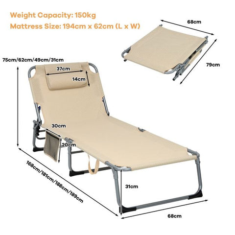 Practical Sun Lounger with Fully Adjustable Recline and Removable Pillow