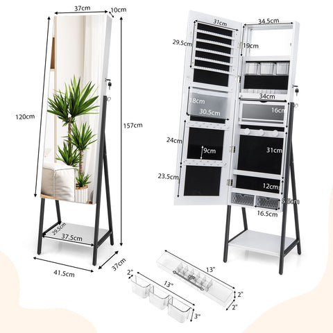 Edgeless Standing Jewellery Mirror with Storages, Shelve, Lock and Internal Mirror with LED