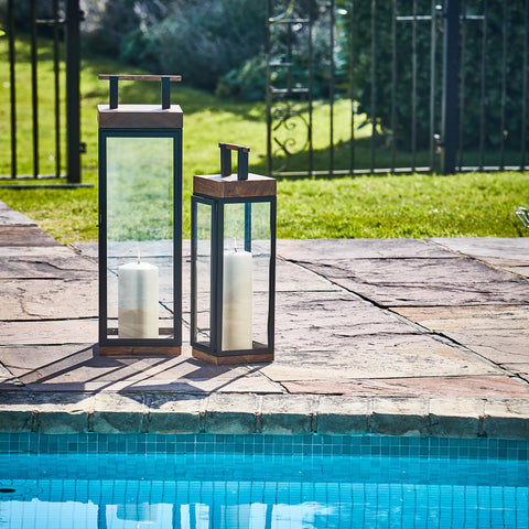 Elegant Outdoor Lantern with Wood and Metal Frame in Black