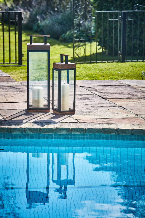 Elegant Outdoor Lantern with Wood and Metal Frame in Black