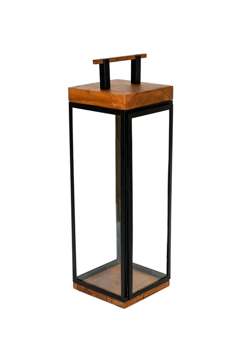 Elegant Outdoor Lantern with Wood and Metal Frame in Black