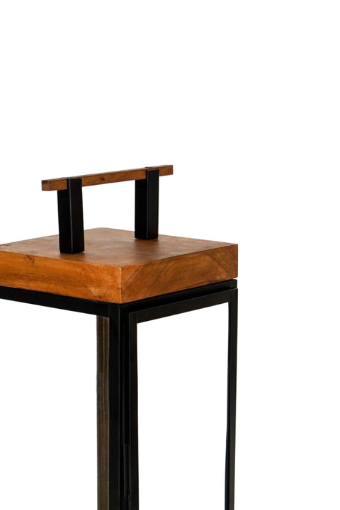 Elegant Outdoor Lantern with Wood and Metal Frame in Black