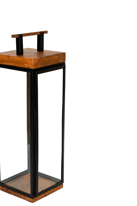 Elegant Outdoor Lantern with Wood and Metal Frame in Black