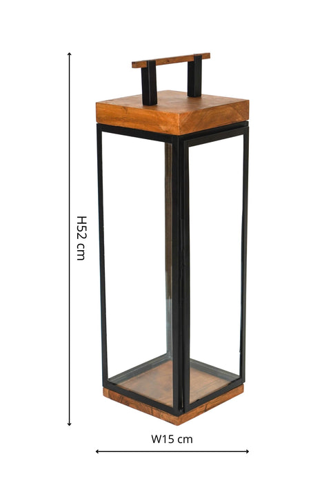 Elegant Outdoor Lantern with Wood and Metal Frame in Black