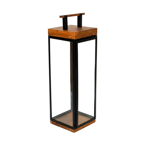 Elegant Outdoor Lantern with Wood and Metal Frame in Black