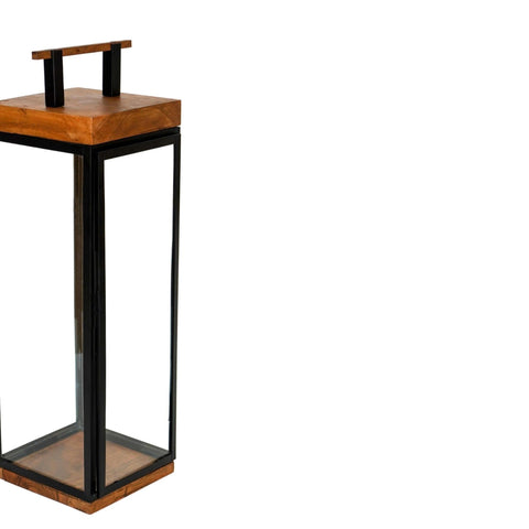 Elegant Outdoor Lantern with Wood and Metal Frame in Black