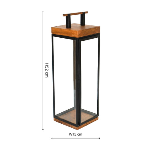 Elegant Outdoor Lantern with Wood and Metal Frame in Black