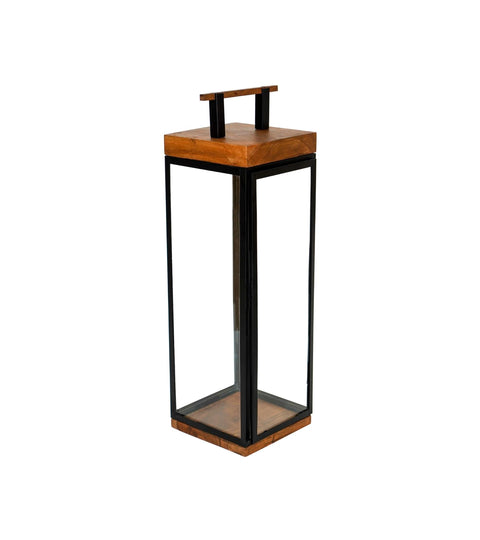 Elegant Outdoor Lantern with Wood and Metal Frame in Black