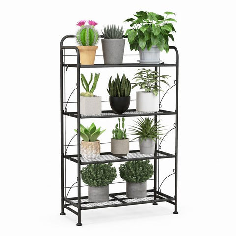 Garden Folding 4 Tier Plant Stand with Metal Design and Adjustable Shelves in Black