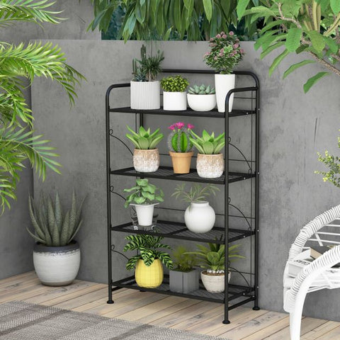 Garden Folding 4 Tier Plant Stand with Metal Design and Adjustable Shelves in Black