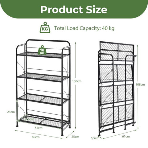 Garden Folding 4 Tier Plant Stand with Metal Design and Adjustable Shelves in Black