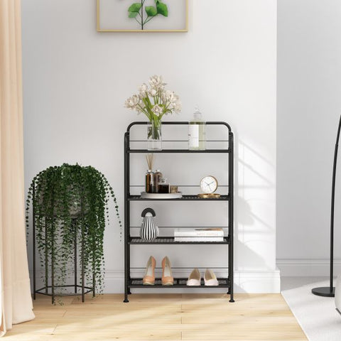 Garden Folding 4 Tier Plant Stand with Metal Design and Adjustable Shelves in Black