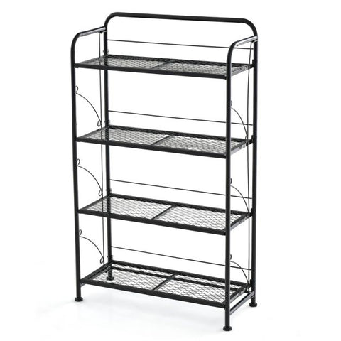 Garden Folding 4 Tier Plant Stand with Metal Design and Adjustable Shelves in Black