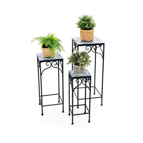 Garden Metal Plant Stand Set with Mosaic Design and Ceramic Top
