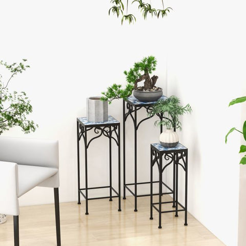Garden Metal Plant Stand Set with Mosaic Design and Ceramic Top