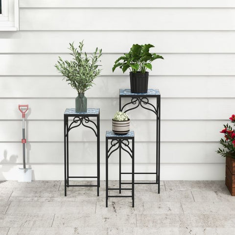 Garden Metal Plant Stand Set with Mosaic Design and Ceramic Top