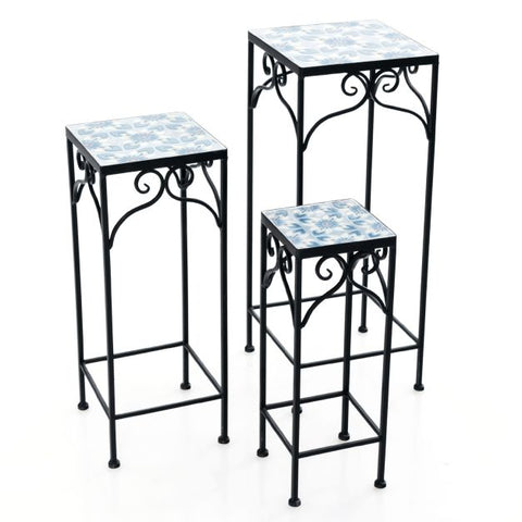 Garden Metal Plant Stand Set with Mosaic Design and Ceramic Top