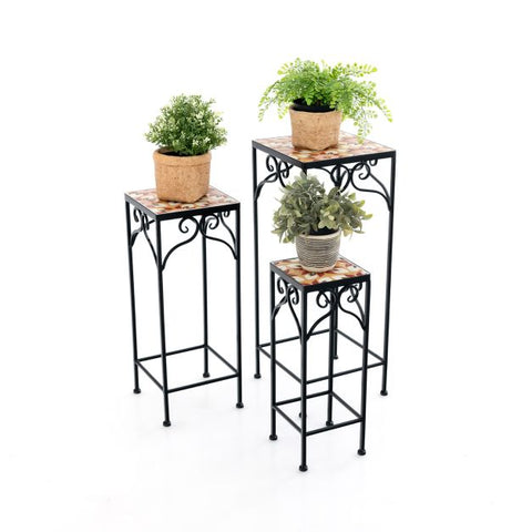 Garden Metal Plant Stand Set with Mosaic Design and Ceramic Top