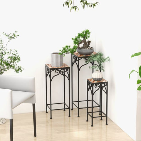 Garden Metal Plant Stand Set with Mosaic Design and Ceramic Top