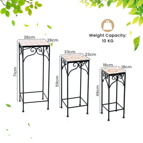 Garden Metal Plant Stand Set with Mosaic Design and Ceramic Top