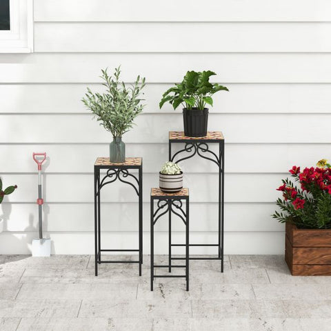 Garden Metal Plant Stand Set with Mosaic Design and Ceramic Top