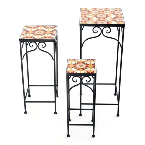 Garden Metal Plant Stand Set with Mosaic Design and Ceramic Top