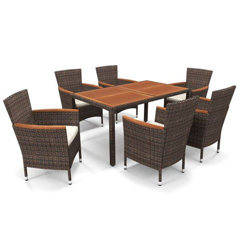 Outdoor Rattan Dining Furniture Set with Seat Cushions in Brown