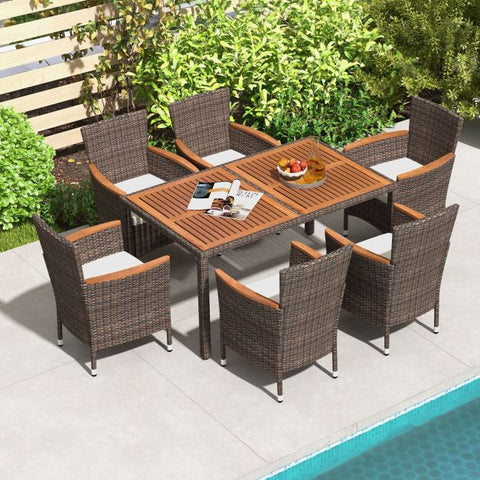 Outdoor Rattan Dining Furniture Set with Seat Cushions in Brown