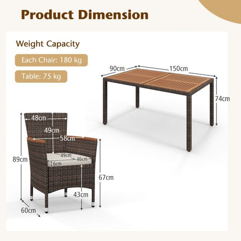 Outdoor Rattan Dining Furniture Set with Seat Cushions in Brown