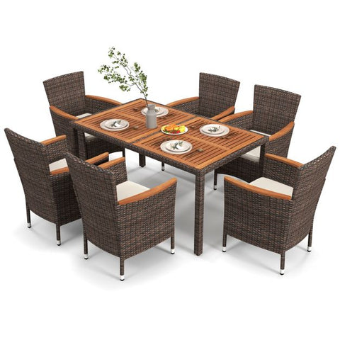 Outdoor Rattan Dining Furniture Set with Seat Cushions in Brown