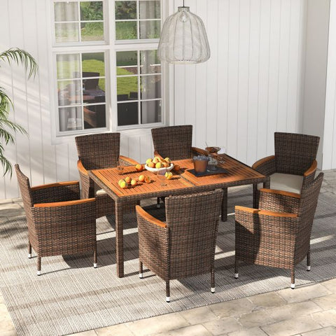 Outdoor Rattan Dining Furniture Set with Seat Cushions in Brown