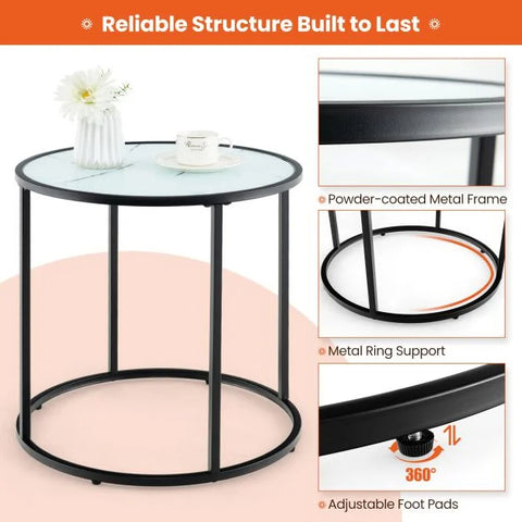Faux Marble Round Side Table with Metal Frame and Modern Design in White
