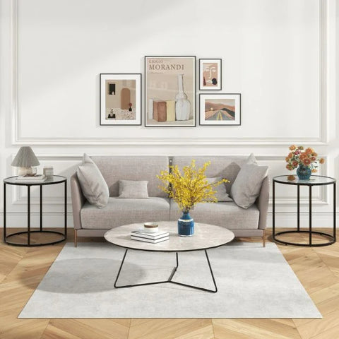 Faux Marble Round Side Table with Metal Frame and Modern Design in White