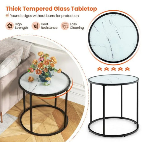 Faux Marble Round Side Table with Metal Frame and Modern Design in White