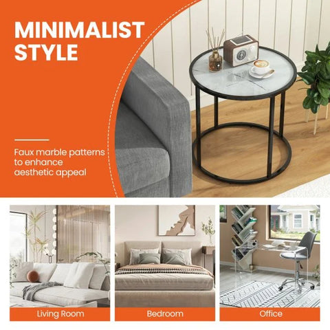 Faux Marble Round Side Table with Metal Frame and Modern Design in White