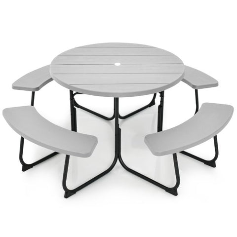 Patio 8 Person Round Picnic Table and Bench set with Umbrella Hole