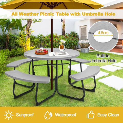 Patio 8 Person Round Picnic Table and Bench set with Umbrella Hole
