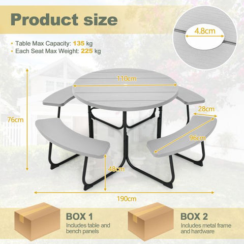 Patio 8 Person Round Picnic Table and Bench set with Umbrella Hole