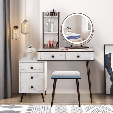 Interactive Dressing Table with Circular Mirror, Charging Station and Stool Model 2
