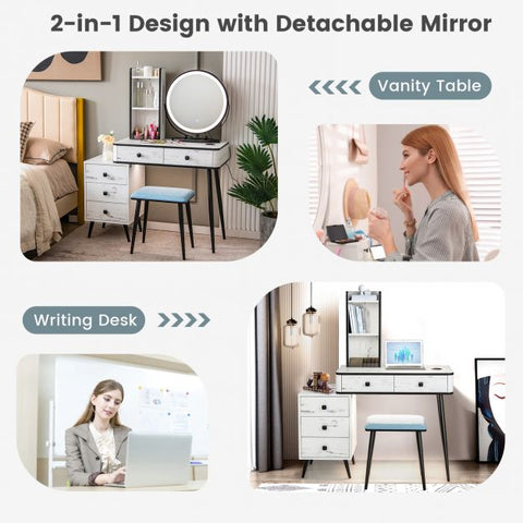 Interactive Dressing Table with Circular Mirror, Charging Station and Stool Model 2