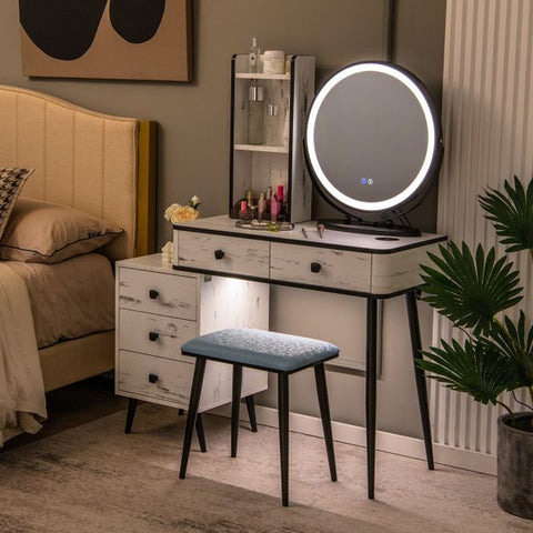 Interactive Dressing Table with Circular Mirror, Charging Station and Stool Model 2