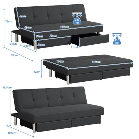 Classic Sofa Bed with Adjustable Backrest and Drawers
