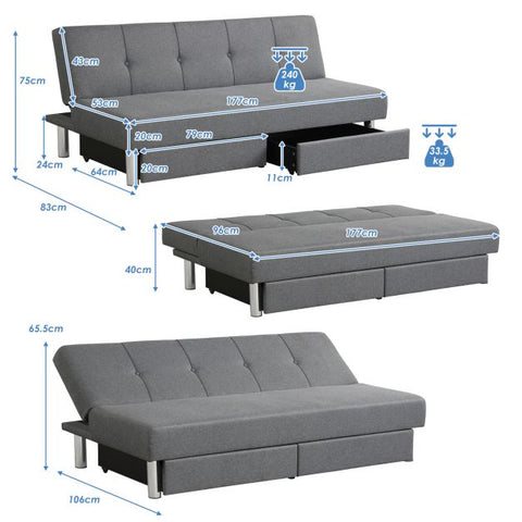 Classic Sofa Bed with Adjustable Backrest and Drawers