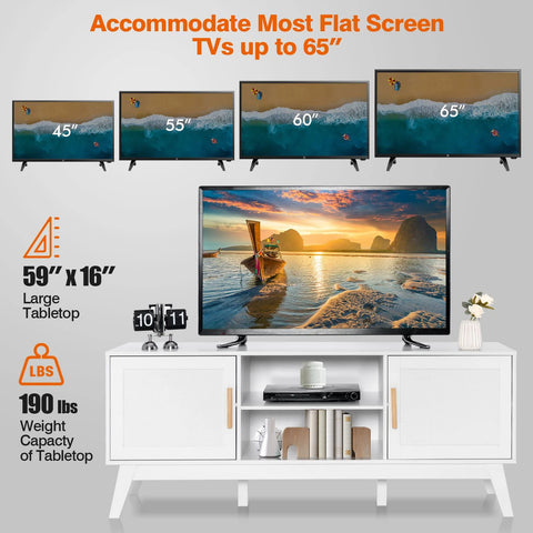 Exquisite and Modern TV Stand with Rattan Finish and Adjustable Shelf in White