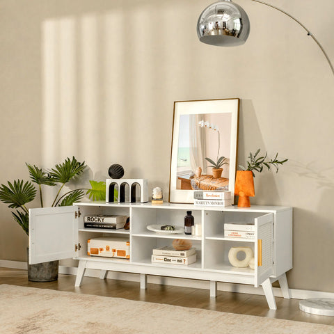 Exquisite and Modern TV Stand with Rattan Finish and Adjustable Shelf in White