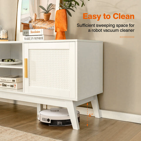 Exquisite and Modern TV Stand with Rattan Finish and Adjustable Shelf in White