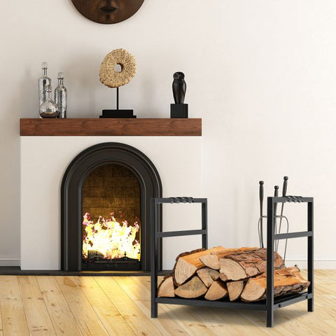 Black Firewood Log Rack with Sturdy Bottom Panel and Screw Thread Handle