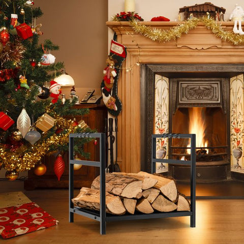 Black Firewood Log Rack with Sturdy Bottom Panel and Screw Thread Handle