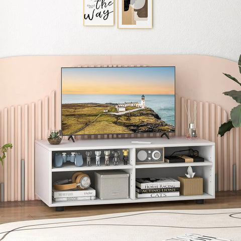 Minimalistic TV Stand with 5-Position Adjustable Shelves and Ample Storage in White